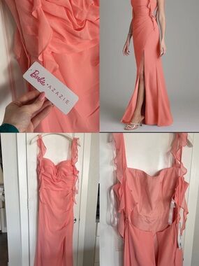 AZAZIE Barbie Coral Ruffled Strap Evening Gown Bridesmaid Wedding Guest NEW